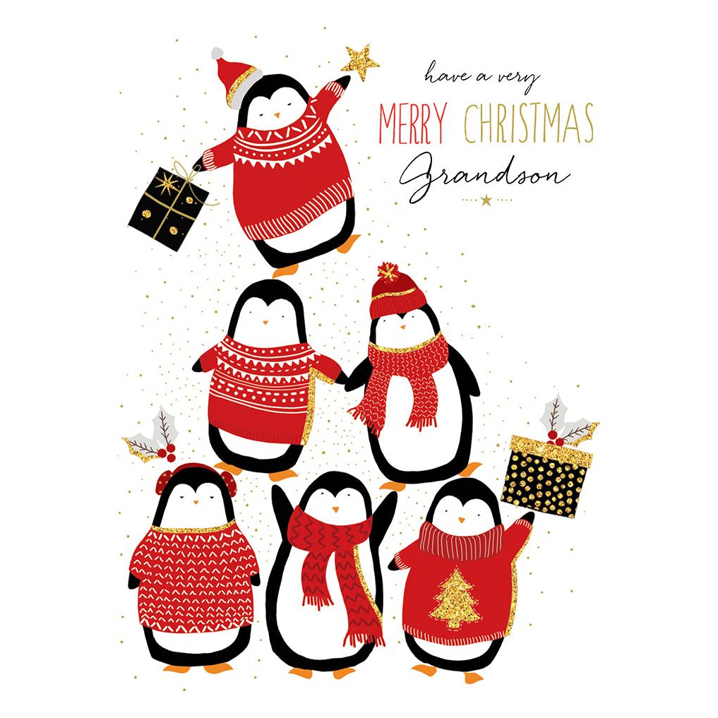 Stack Of Penguins Christmas Card Grandson